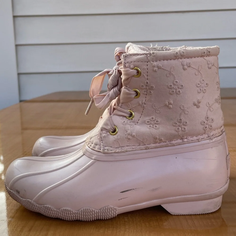 Sperry Girls Pink Lace-Up Duck Boots Size 1